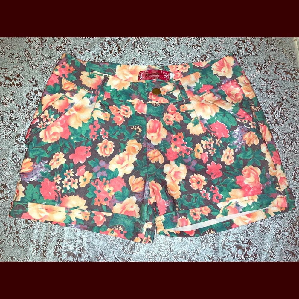 Jin Moss Green Floral Mini Shorts